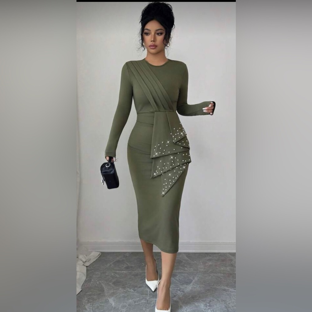 Elegant Olive Green Dress with Pearl Detailing